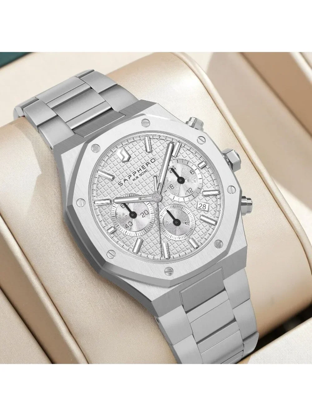 Men's Silver White Chronograph Quartz Movement Stainless Steel Luxury Date Watch